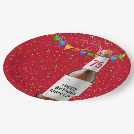 75e verjaardagsfeestje bierfles papieren bordje (Gekanteld)