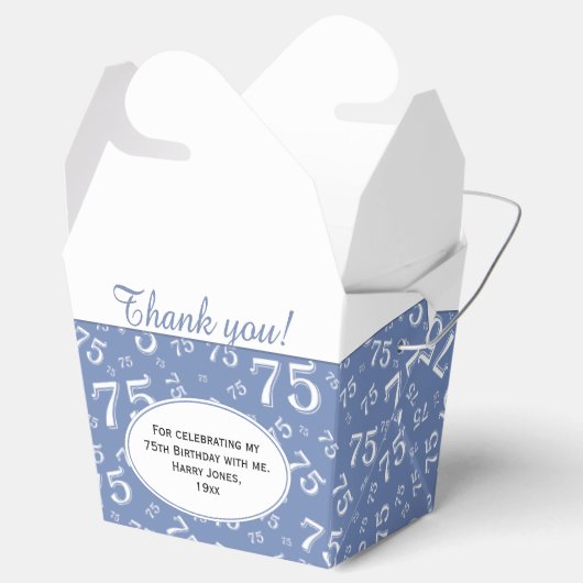 75e verjaardagsfeestje blauw/wit nummerpatroon bedankdoosjes (Geopend)