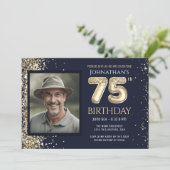 75e verjaardagsfeestje Goud Glitter Blauw Foto Kaart (Staand voorkant)