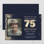 75e verjaardagsfeestje Goud Glitter Blauw Foto Kaart (Voorkant / Achterkant)