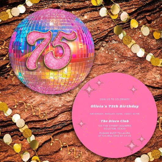 75e verjaardagsfeestje Gouden Roze Glitter Disco B Kaart