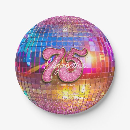 75e verjaardagsfeestje Gouden Roze Glitter Disco B Papieren Bordje (Voorkant)