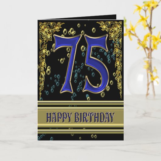 75e verjaardagskaart met goud en bubbels kaart (Gele Bloem)