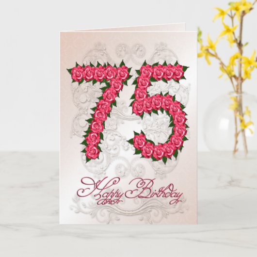 75e verjaardagskaart met rozen en bladeren kaart (Gele Bloem)