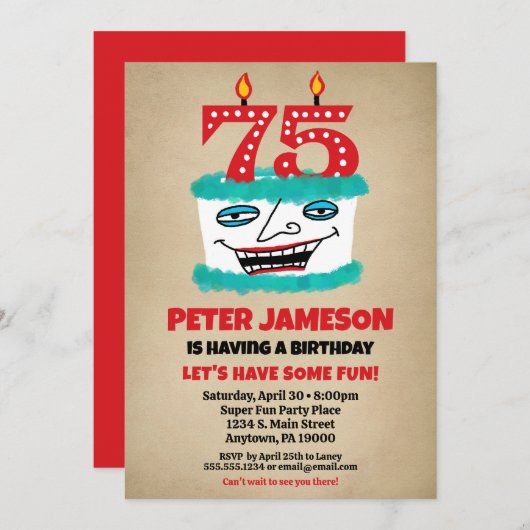 75e Verjaardagsuitnodiging Grappige taart Casual M Kaart (Voorkant / Achterkant)
