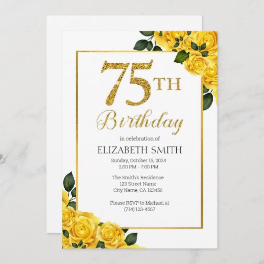 75e Verjaardagsuitnodiging Sjabloon Yellow Roses Kaart (Voorkant / Achterkant)