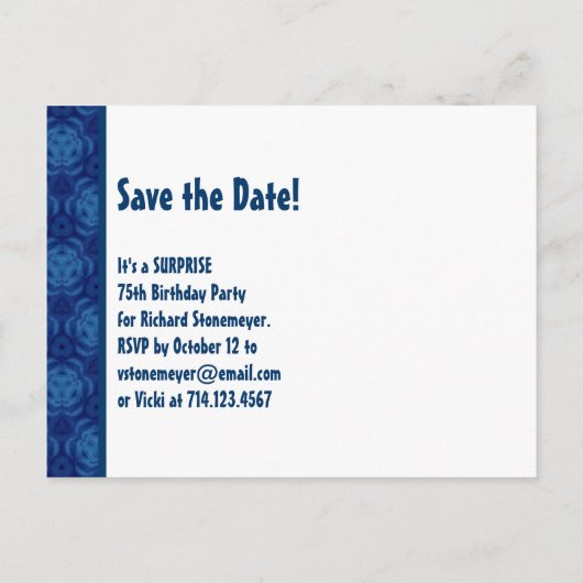 75e Verrassing Verjaardag Save the Date Blue Patte Aankondigingskaart (Achterkant)