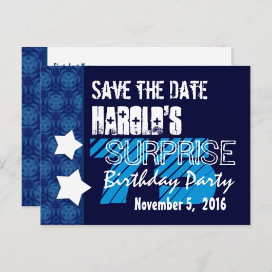75e Verrassing Verjaardag Save the Date Blue Stars Aankondigingskaart (Voorkant / Achterkant)