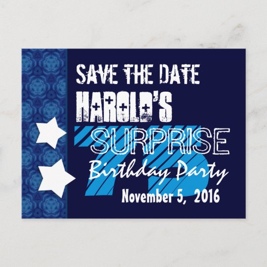 75e Verrassing Verjaardag Save the Date Blue Stars Aankondigingskaart (Voorkant)