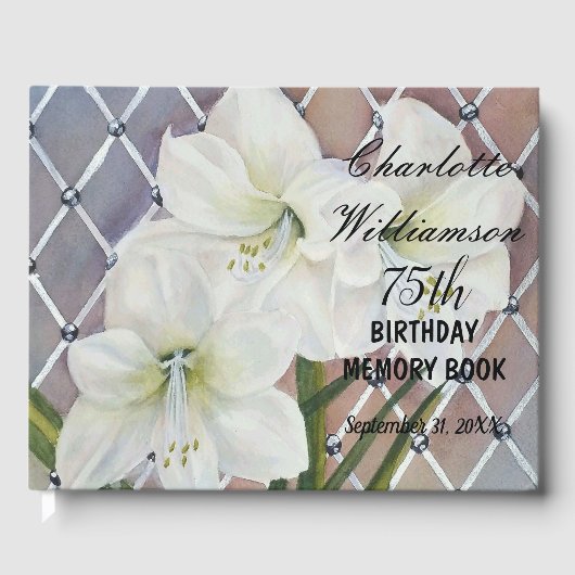 75e White Amaryllis Floral Birthday Memory Gastenboek (Voorkant)