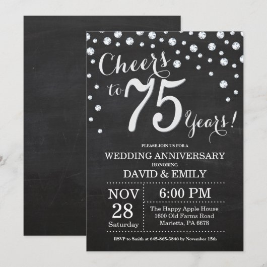 75ste huwelijksverjaardag krijtbord zwart zilver kaart (Voorkant / Achterkant)