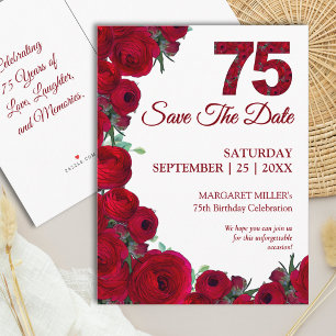 75ste verjaardag Save the Date Vet Rode Bloemen 75 Aankondigingskaart