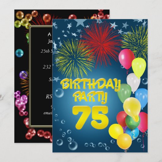 75ste verjaardag Uitnodiging met ballonnen (Voorkant / Achterkant)
