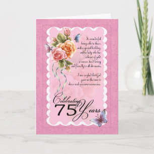 75ste verjaardag wenskaart - rozen en vlinder kaart
