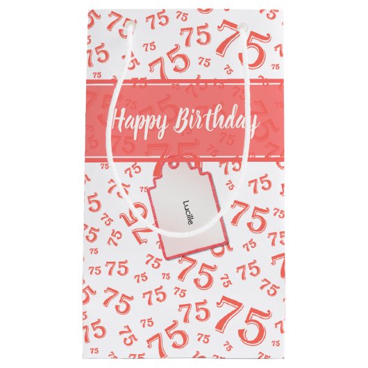 75th Biirthday Random Number Pattern Coral/White Klein Cadeauzakje (Voorkant)