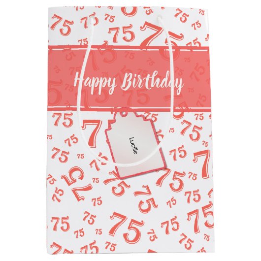 75th Biirthday Random Number Pattern Coral/White Medium Cadeauzakje (Voorkant)