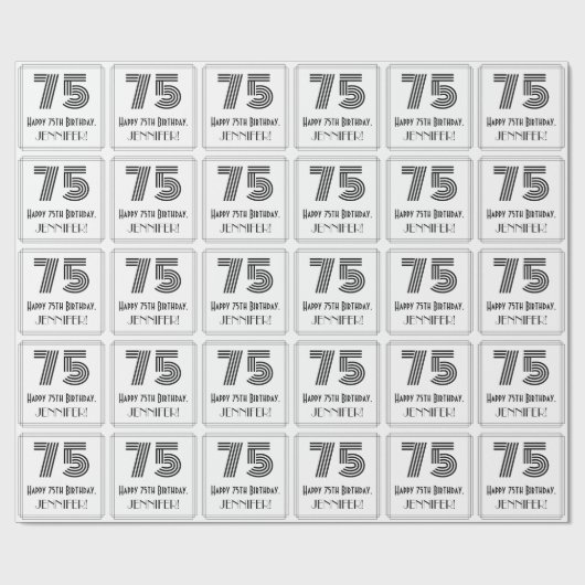 75th Birthday: Art Deco Inspired Style "75" + Name Cadeaupapier (Vlak)