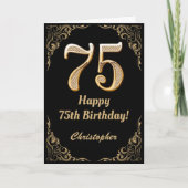 75th Birthday Black en Gold Glitter Lijst Kaart (Voorkant)
