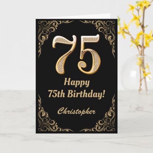 75th Birthday Black en Gold Glitter Lijst Kaart (Gele Bloem)