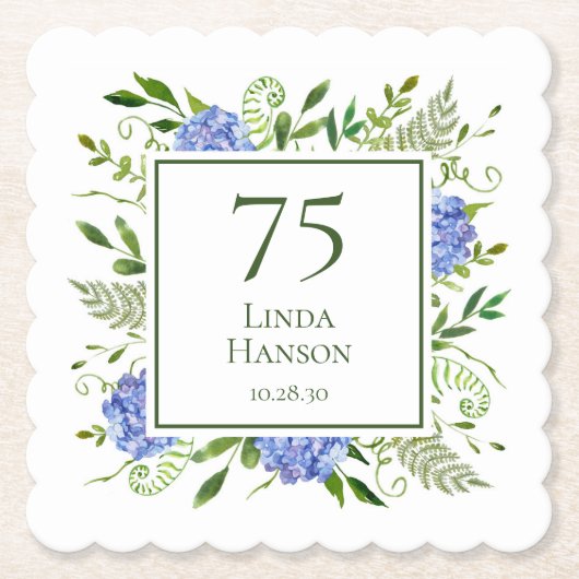 75th Birthday Blue Hydrangeas Kartonnen Onderzetters (Voorkant)