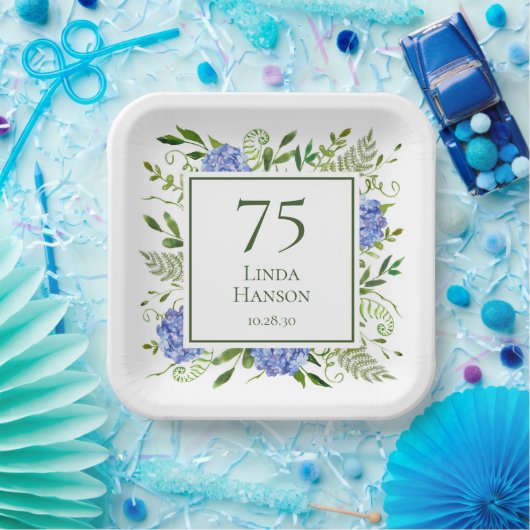 75th Birthday Blue Hydrangeas Papieren Bordje (Feest)