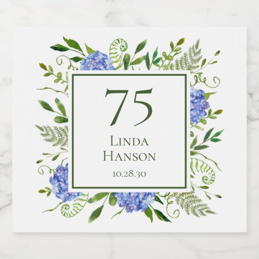 75th Birthday Blue Hydrangeas Sparkling Wijnetiket (Enkel label)