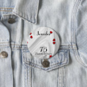 75th Birthday Button / Pin, Small Red Hearts (In situ)