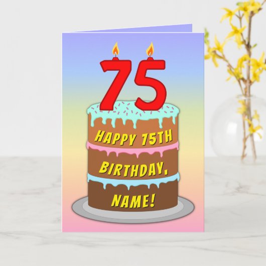75th Birthday — Fun Cake & Candles, w/ Custom Name Kaart (Gele Bloem)