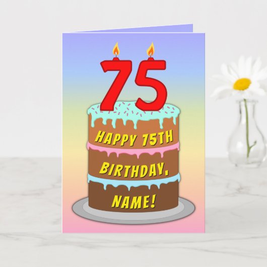 75th Birthday — Fun Cake & Candles, w/ Custom Name Kaart (Kleine Plant)