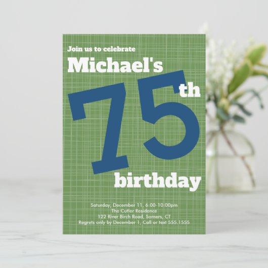 75th Birthday Invitation Blue met Green Accent Kaart (Staand voorkant)