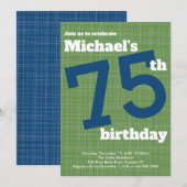75th Birthday Invitation Blue met Green Accent Kaart (Voorkant / Achterkant)