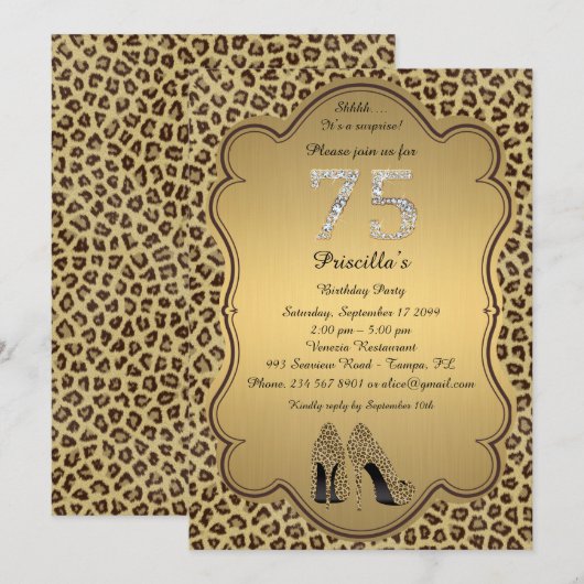 75th Birthday Party , 75th, Cheetah High Heels Sho Kaart (Voorkant / Achterkant)