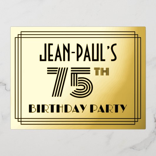 75th Birthday Party ~ Art Deco Style "75" + Name Folie Uitnodiging Briefkaart (Voorkant)