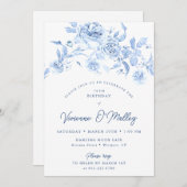 75th Birthday Party Dusty Blue Floral Kaart (Voorkant / Achterkant)