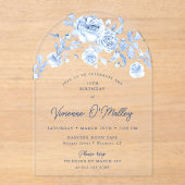75th Birthday Party Dusty Blue Rose Floral Arch Acryl Uitnodigingen (Voorkant)