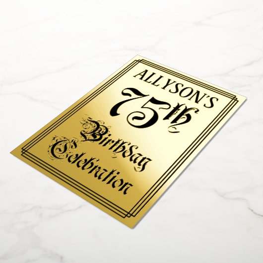 75th Birthday Party — Elegant Script + aangepaste Folie Uitnodiging (Gedraaid)