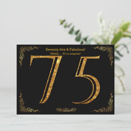 75th Birthday party, Gatsby styl, zwarte gouden gl Kaart (Staand voorkant)