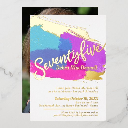 75th Birthday party gouden foto heldere abstracte  Folie Uitnodiging (Voorkant / Achterkant)
