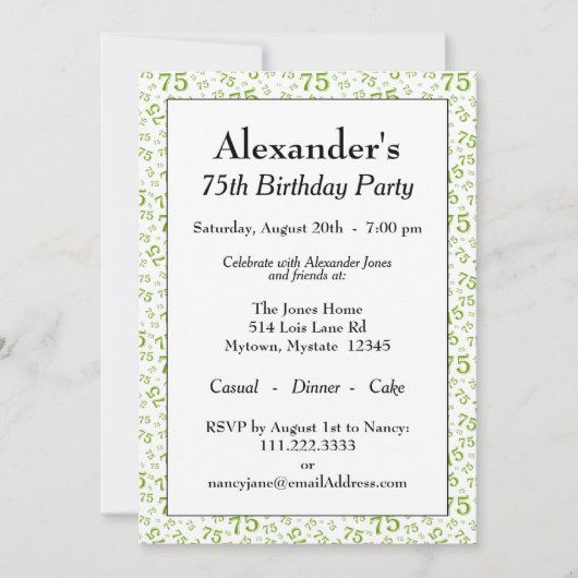 75th Birthday Party Green and White Number Pattern Kaart (Voorkant)