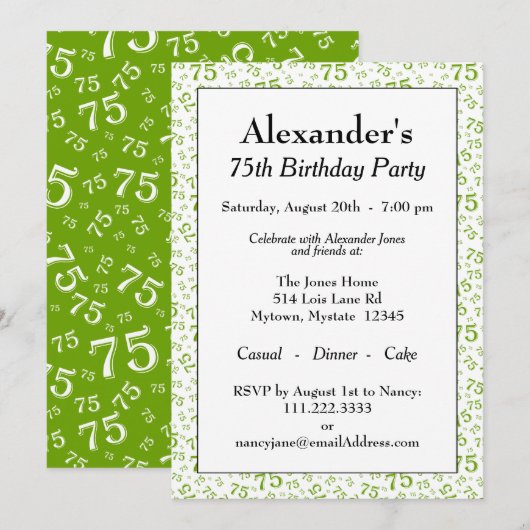 75th Birthday Party Green and White Number Pattern Kaart (Voorkant / Achterkant)