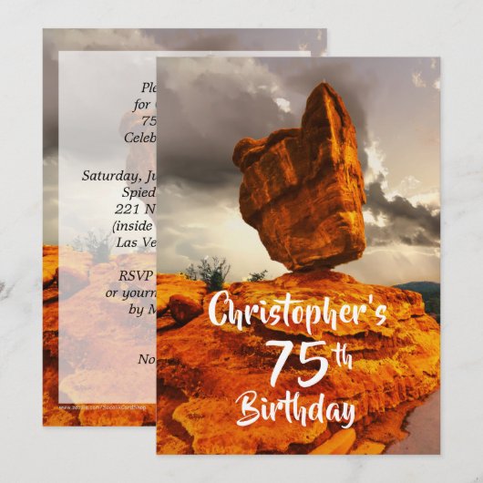 75th Birthday Party Invitation, Balanced Rock Kaart (Voorkant / Achterkant)