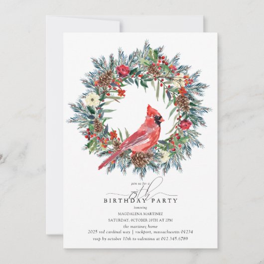 75th Birthday Party Red Cardinal Winter Wreath Kaart (Voorkant)