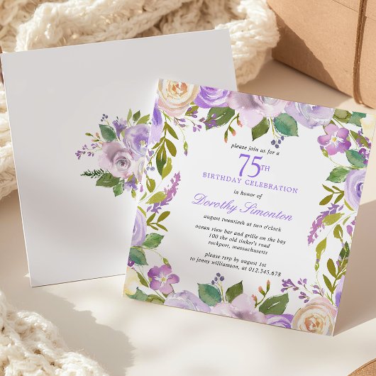 75th Birthday Pretty Purple Floral Invitation Kaart