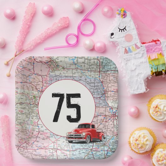 75th Birthday Red Retro Trauck op Road Map Papieren Bordje (Feest)