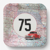 75th Birthday Red Retro Trauck op Road Map Papieren Bordje (Voorkant)