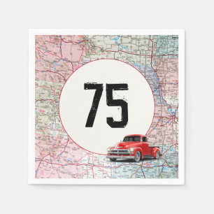 75th Birthday Red Retro Trauck op Road Map Servet