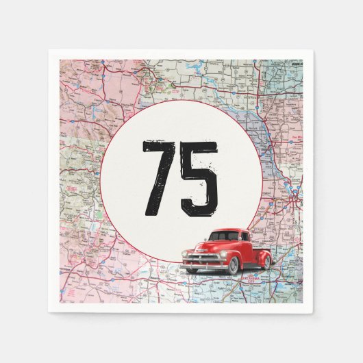 75th Birthday Red Retro Trauck op Road Map Servet (Voorkant)