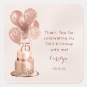 75th Birthday Roos Gold Cake Dank u Vierkante Sticker (Voorkant)