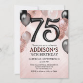 75th Birthday Roos Gouden Ballonnen Uitnodiging (Voorkant)