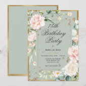 75th Birthday Sage Green Gold Waterverf Floral Kaart (Voorkant / Achterkant)